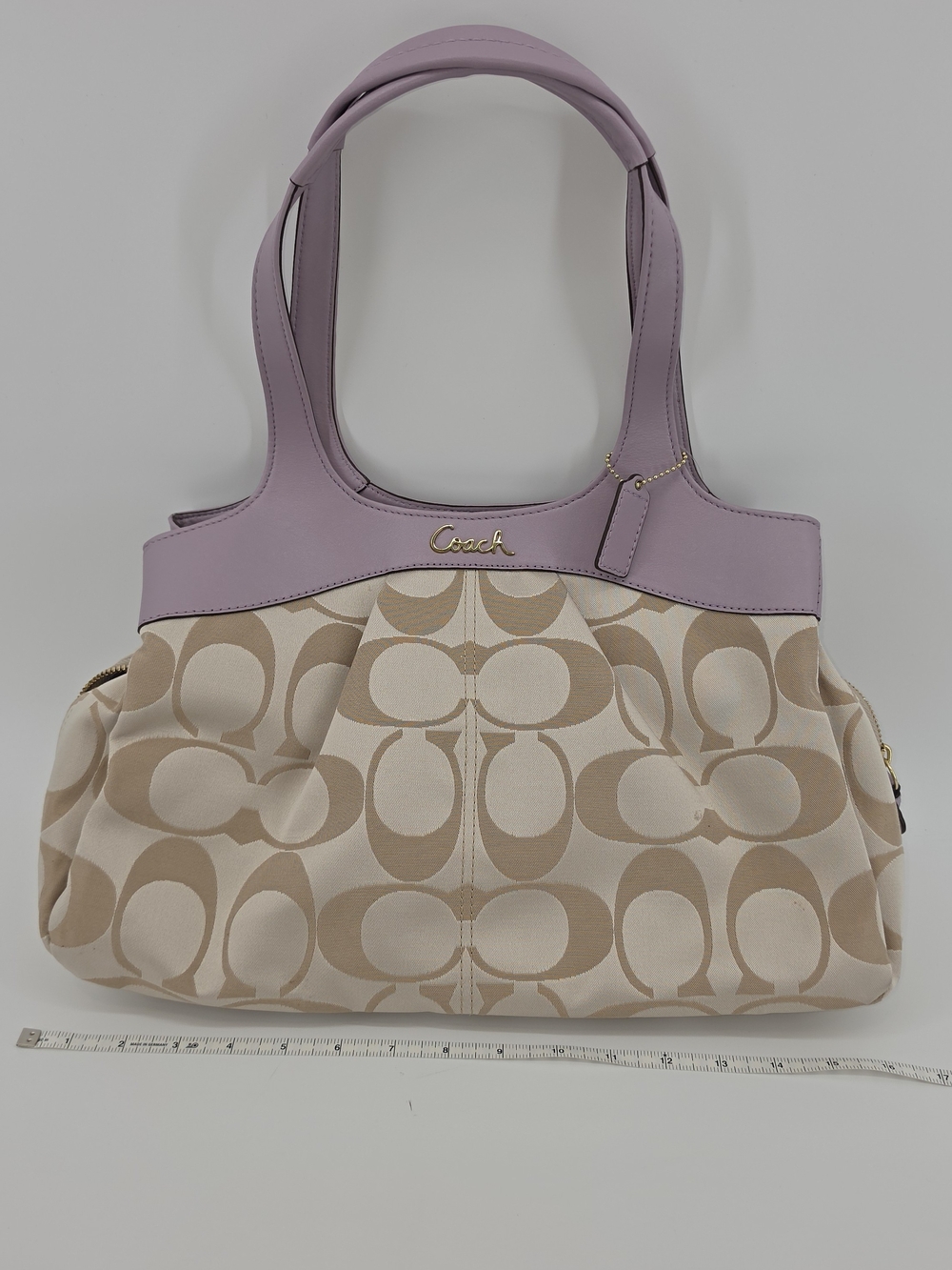 Coach Beige Signature Canvas Shoulder Bag with Lilac Trim